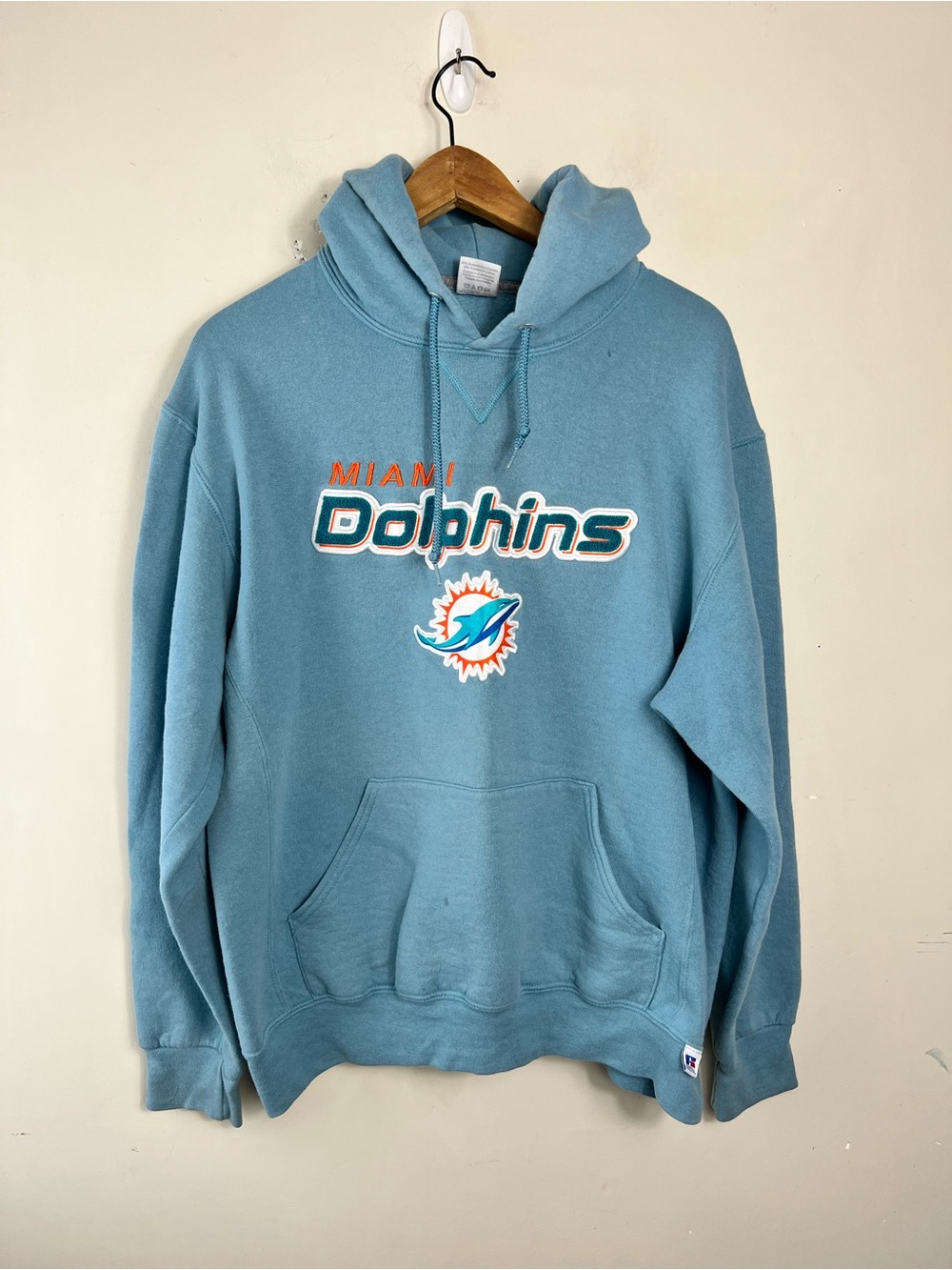 NFL Men’s MIAMI DOLPHINS END ZONE PULLOVER HOODIE Size Large Russell Athletic
